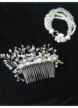 Сватбен комплект бижута за булка - гребен за коса и гривна от кристали Сваровски Delicate In White by Rosie